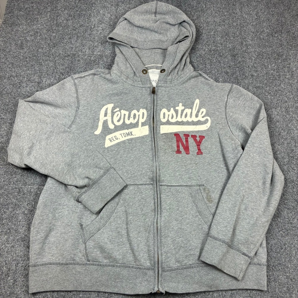 Aeropostale Men XXL Gray Full Zip Hoodie Sweatshirt Graphic NY Logo Vintage Y2K